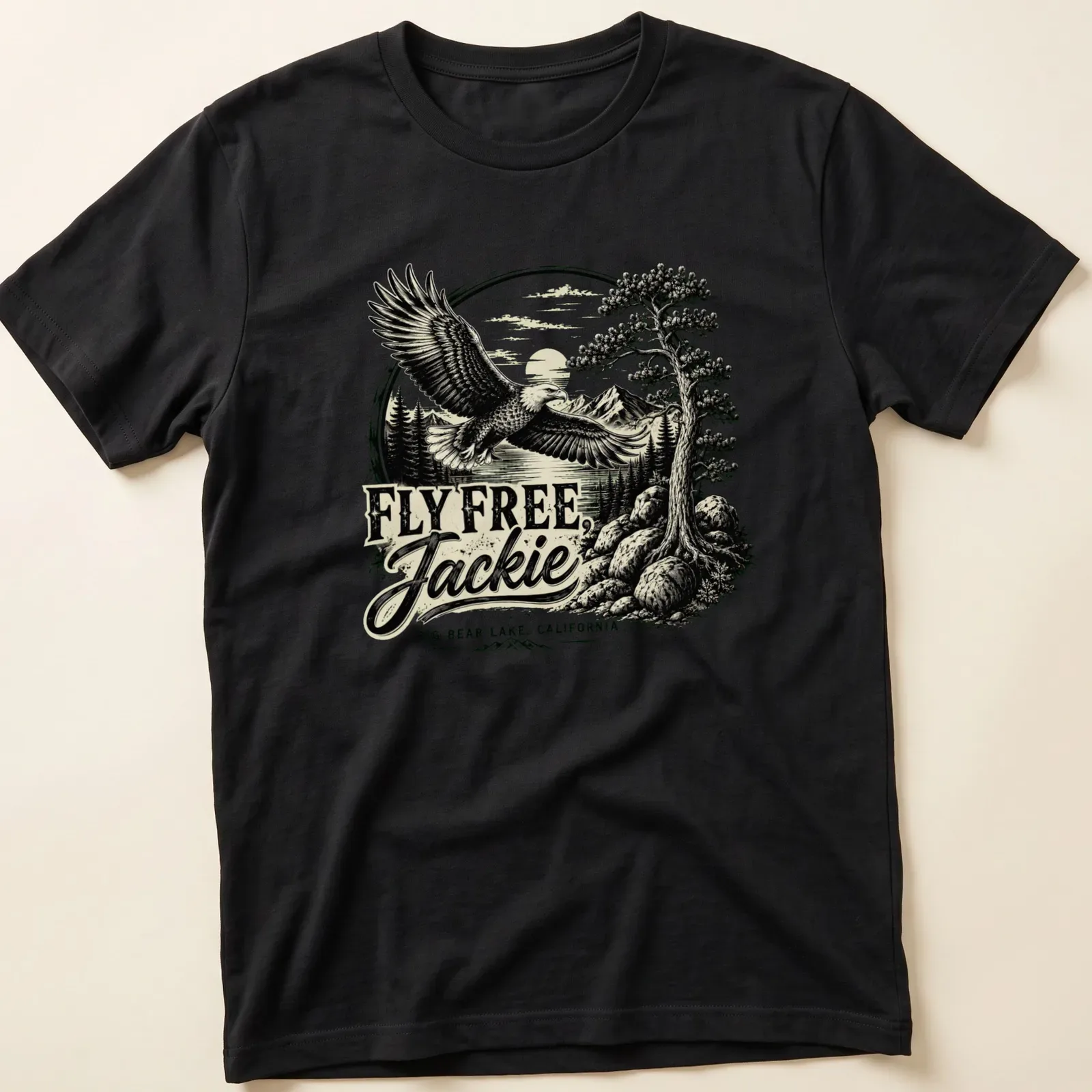 Vintage-style T-shirt featuring an eagle with text about Big Bear Lake, California. — printed on a unisex t-shirt