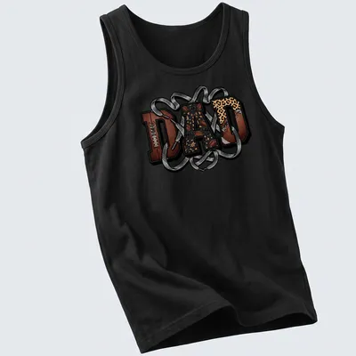 Bold 'DAD' text on a retro football and leopard print design — printed on a tank top