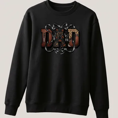 Bold 'DAD' text on a retro football and leopard print design — printed on a unisex sweatshirt