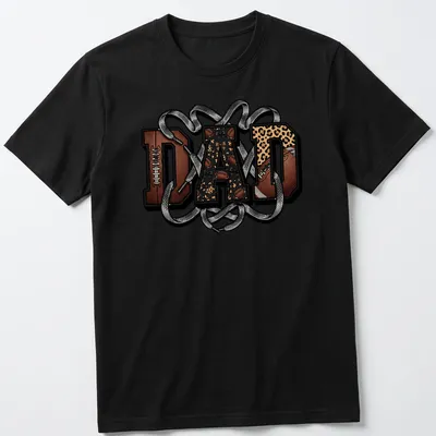 Bold 'DAD' text on a retro football and leopard print design