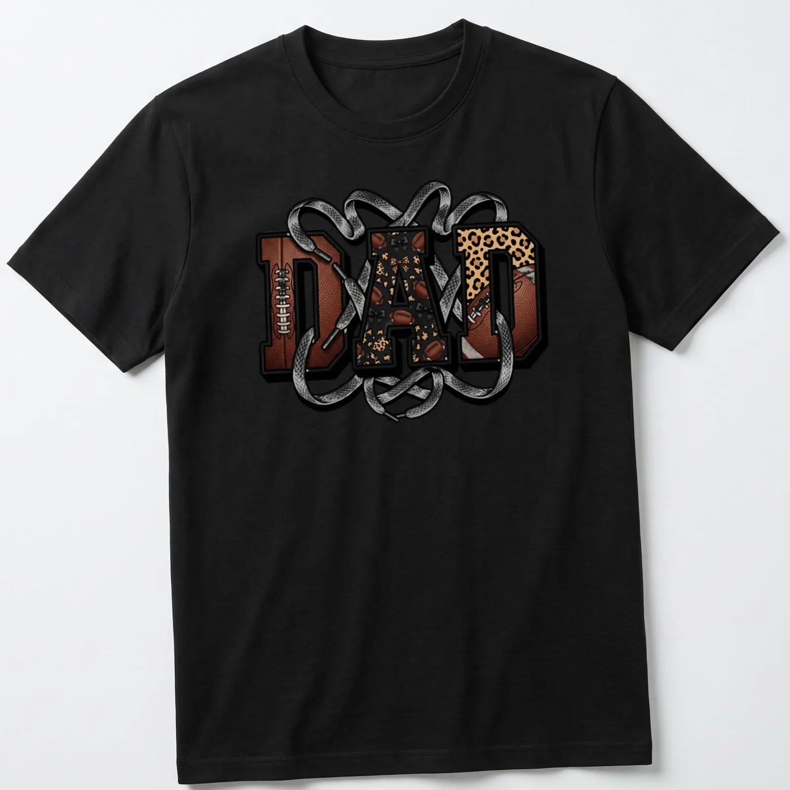 Bold 'DAD' text on a retro football and leopard print design — printed on a unisex t-shirt