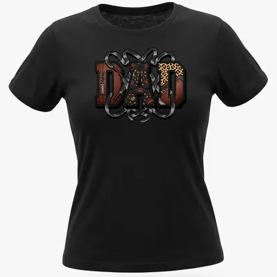 Bold 'DAD' text on a retro football and leopard print design — printed on a women's shirt