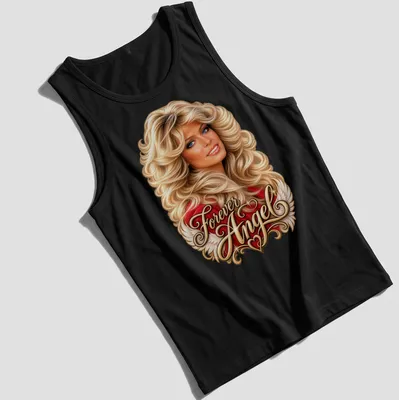Vintage glam t-shirt featuring a woman with glamorous hair and the text Forever Angel — printed on a tank top
