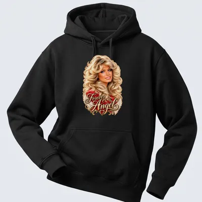 Vintage glam t-shirt featuring a woman with glamorous hair and the text Forever Angel — printed on a unisex hoodie