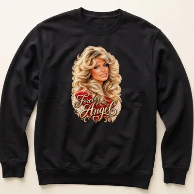 Vintage glam t-shirt featuring a woman with glamorous hair and the text Forever Angel — printed on a unisex sweatshirt