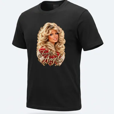 Vintage glam t-shirt featuring a woman with glamorous hair and the text Forever Angel