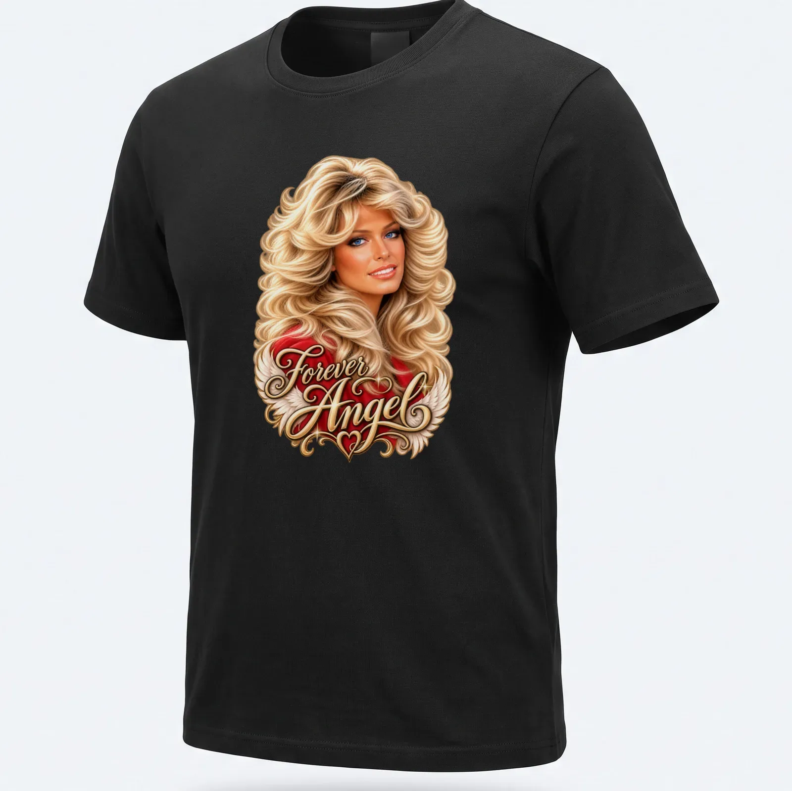 Vintage glam t-shirt featuring a woman with glamorous hair and the text Forever Angel — printed on a unisex t-shirt