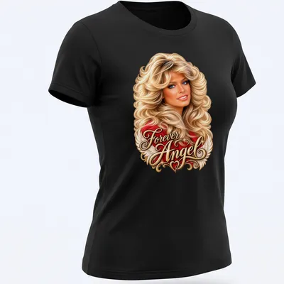 Vintage glam t-shirt featuring a woman with glamorous hair and the text Forever Angel — printed on a women's shirt