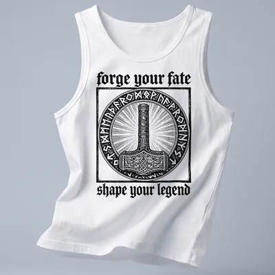 Vintage engraving of Thor's hammer with motivational text in black and white — printed on a tank top
