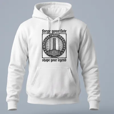 Vintage engraving of Thor's hammer with motivational text in black and white — printed on a unisex hoodie