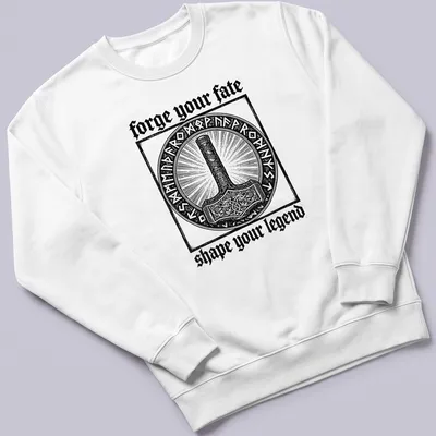 Vintage engraving of Thor's hammer with motivational text in black and white — printed on a unisex sweatshirt