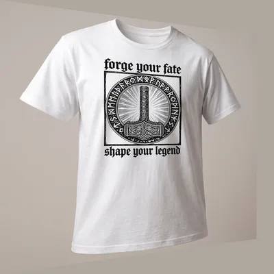 Vintage engraving of Thor's hammer with motivational text in black and white — printed on a unisex t-shirt (angled view)