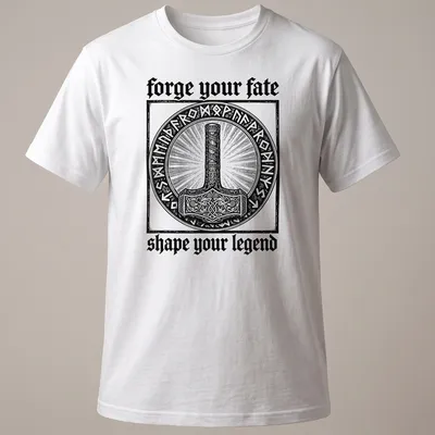 Vintage engraving of Thor's hammer with motivational text in black and white