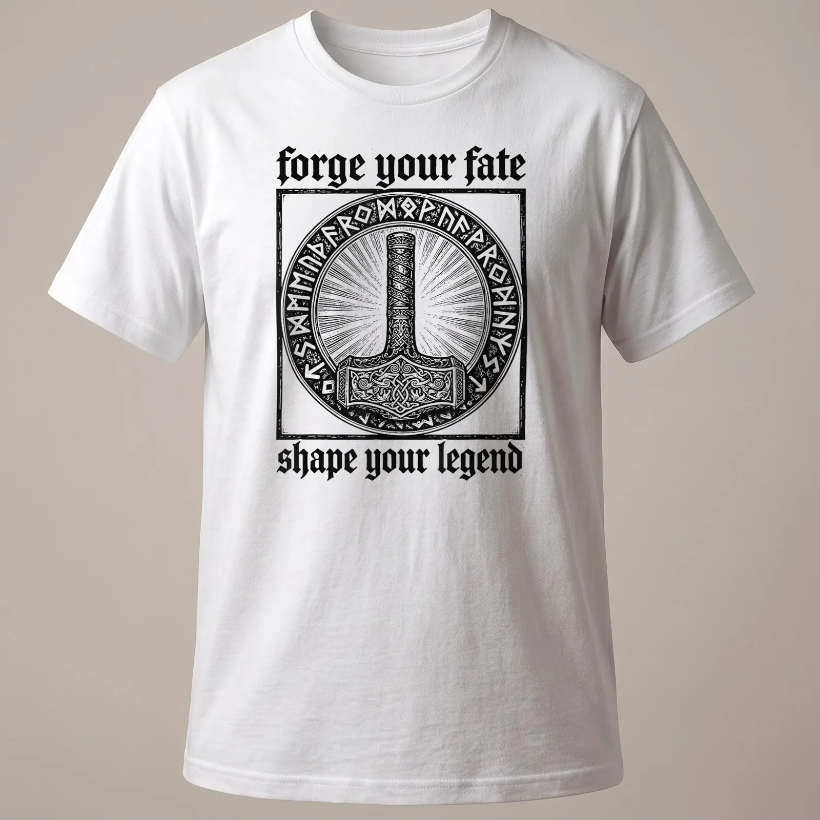 Vintage engraving of Thor's hammer with motivational text in black and white — printed on a unisex t-shirt