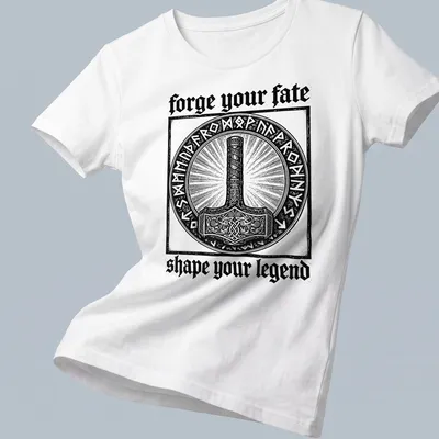 Vintage engraving of Thor's hammer with motivational text in black and white — printed on a women's shirt
