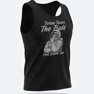 Vintage monochrome print of a skeleton astronaut with humorous text — printed on a tank top
