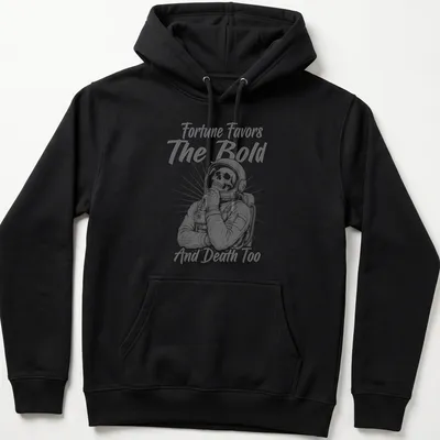 Vintage monochrome print of a skeleton astronaut with humorous text — printed on a unisex hoodie