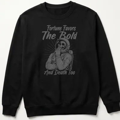 Vintage monochrome print of a skeleton astronaut with humorous text — printed on a unisex sweatshirt