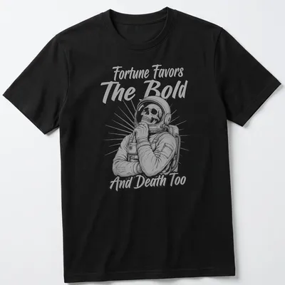 Vintage monochrome print of a skeleton astronaut with humorous text