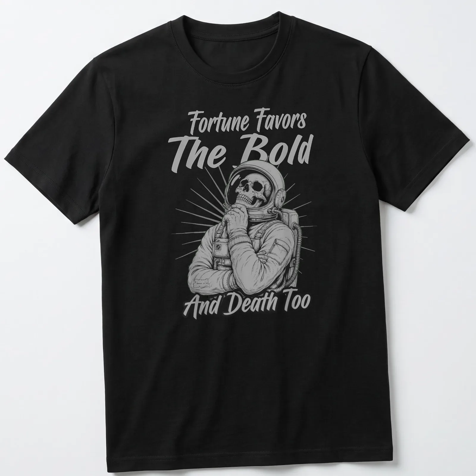 Vintage monochrome print of a skeleton astronaut with humorous text — printed on a unisex t-shirt
