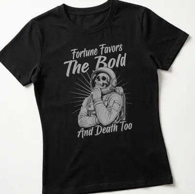 Vintage monochrome print of a skeleton astronaut with humorous text — printed on a women's shirt