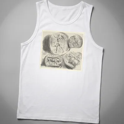 Illustration of Greek coins labeled ELECTRUM in black and gray sketch style — printed on a tank top