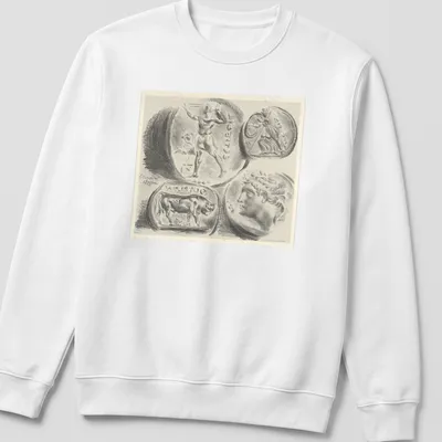 Illustration of Greek coins labeled ELECTRUM in black and gray sketch style — printed on a unisex sweatshirt