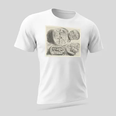 Illustration of Greek coins labeled ELECTRUM in black and gray sketch style — printed on a unisex t-shirt (angled view)