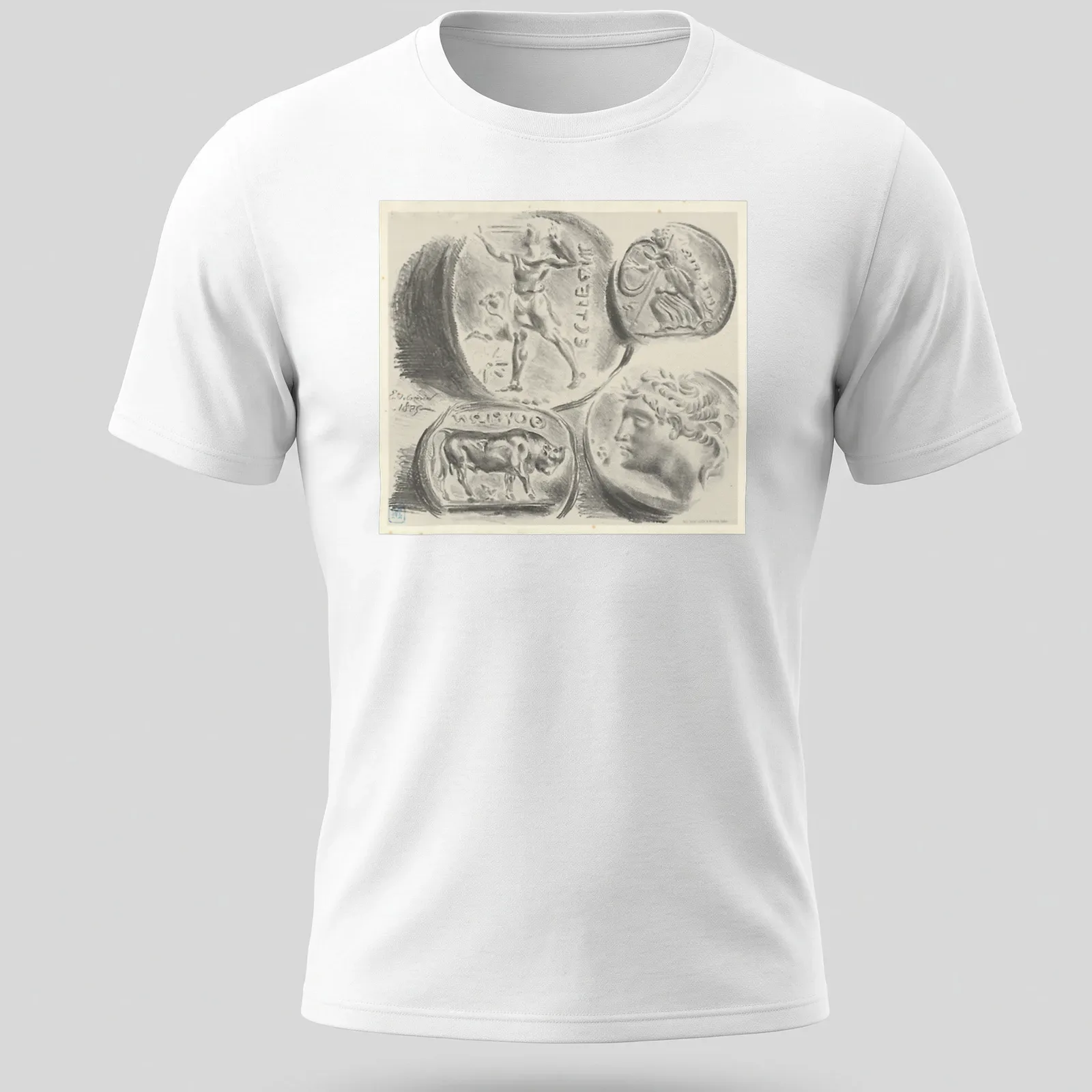 Illustration of Greek coins labeled ELECTRUM in black and gray sketch style — printed on a unisex t-shirt
