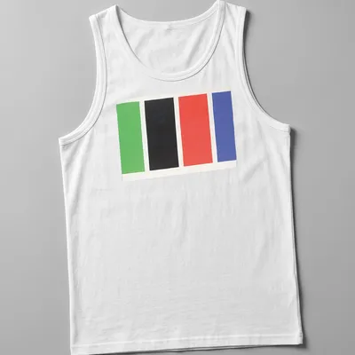 Minimalist T-shirt with four color blocks in green, black, red, and blue — printed on a tank top