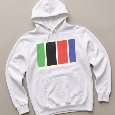 Minimalist T-shirt with four color blocks in green, black, red, and blue — printed on a unisex hoodie