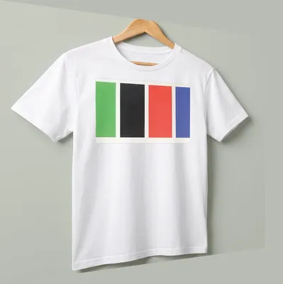 Minimalist T-shirt with four color blocks in green, black, red, and blue — printed on a unisex t-shirt (angled view)