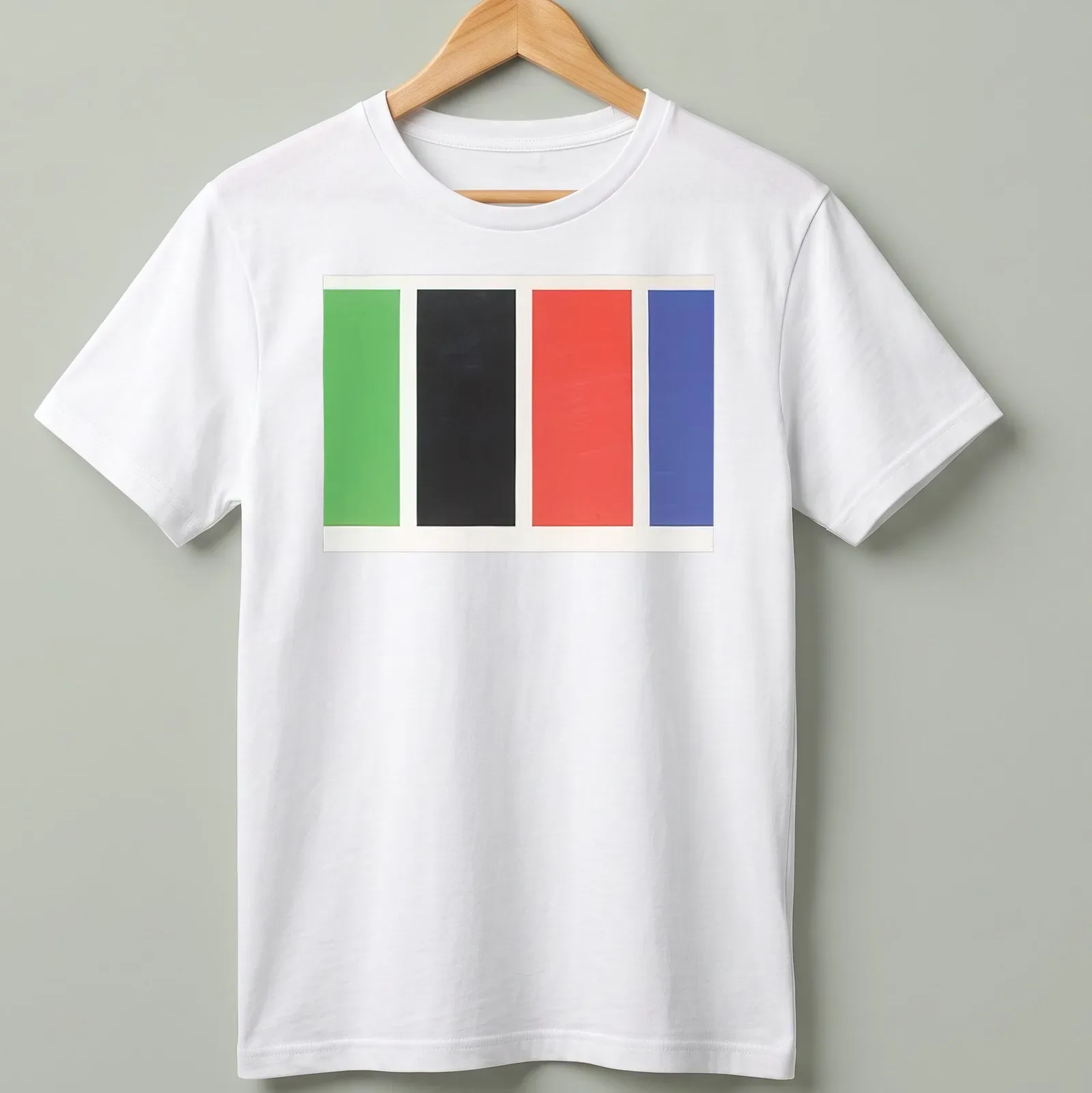 Minimalist T-shirt with four color blocks in green, black, red, and blue — printed on a unisex t-shirt