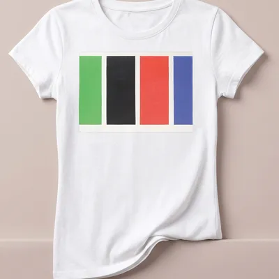 Minimalist T-shirt with four color blocks in green, black, red, and blue — printed on a women's shirt