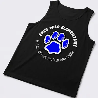 Bold design with blue paw print and text about learning and growing — printed on a tank top