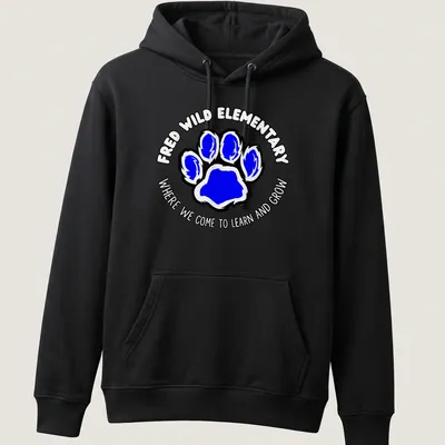 Bold design with blue paw print and text about learning and growing — printed on a unisex hoodie