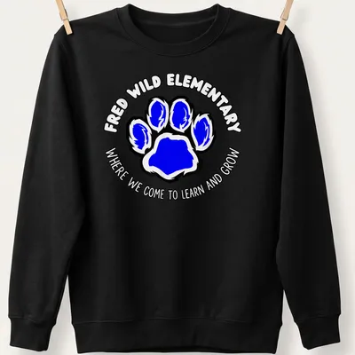 Bold design with blue paw print and text about learning and growing — printed on a unisex sweatshirt