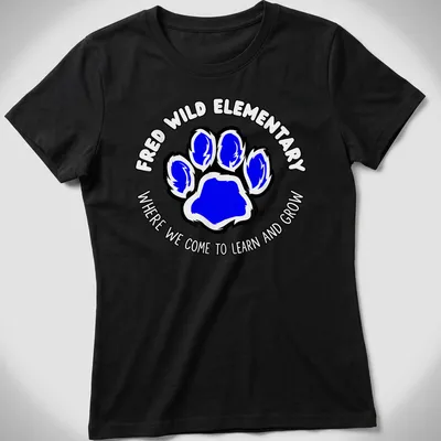 Bold design with blue paw print and text about learning and growing — printed on a women's shirt