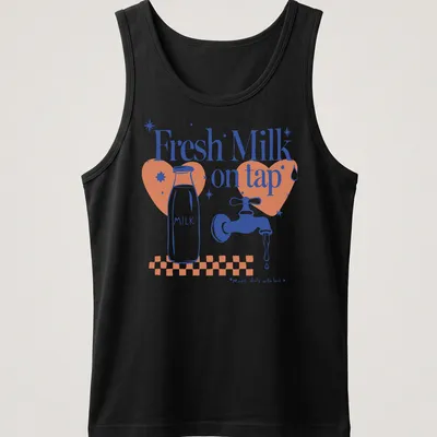 Playful illustration of a milk bottle and faucet with text Fresh Milk on tap — printed on a tank top