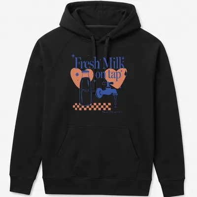 Playful illustration of a milk bottle and faucet with text Fresh Milk on tap — printed on a unisex hoodie