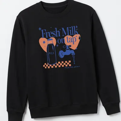 Playful illustration of a milk bottle and faucet with text Fresh Milk on tap — printed on a unisex sweatshirt