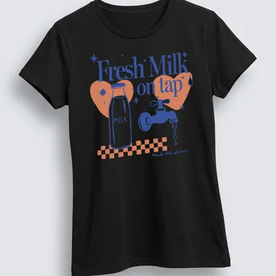 Playful illustration of a milk bottle and faucet with text Fresh Milk on tap — printed on a women's shirt