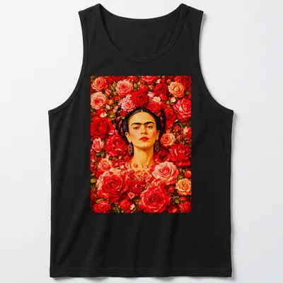 Vibrant floral portrait of Frida Kahlo surrounded by colorful roses — printed on a tank top