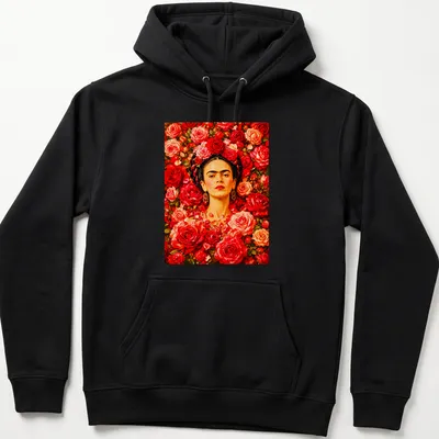 Vibrant floral portrait of Frida Kahlo surrounded by colorful roses — printed on a unisex hoodie