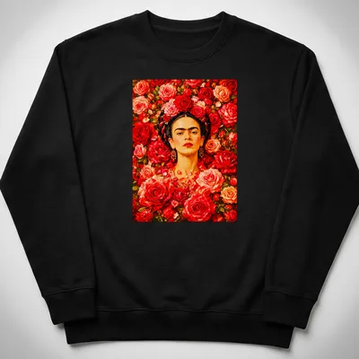 Vibrant floral portrait of Frida Kahlo surrounded by colorful roses — printed on a unisex sweatshirt