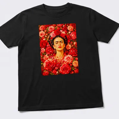 Vibrant floral portrait of Frida Kahlo surrounded by colorful roses