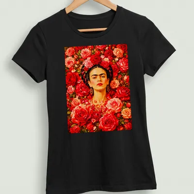 Vibrant floral portrait of Frida Kahlo surrounded by colorful roses — printed on a women's shirt