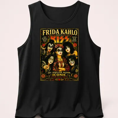 Vintage poster design featuring Frida Kahlo and KISS with inspiring text — printed on a tank top