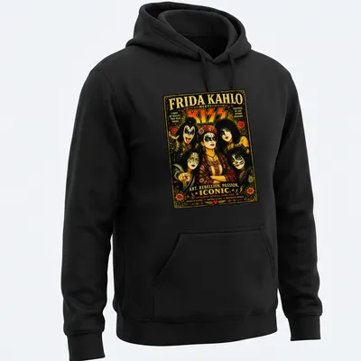 Vintage poster design featuring Frida Kahlo and KISS with inspiring text — printed on a unisex hoodie