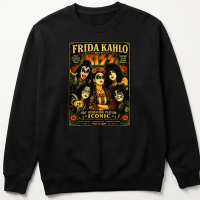 Vintage poster design featuring Frida Kahlo and KISS with inspiring text — printed on a unisex sweatshirt
